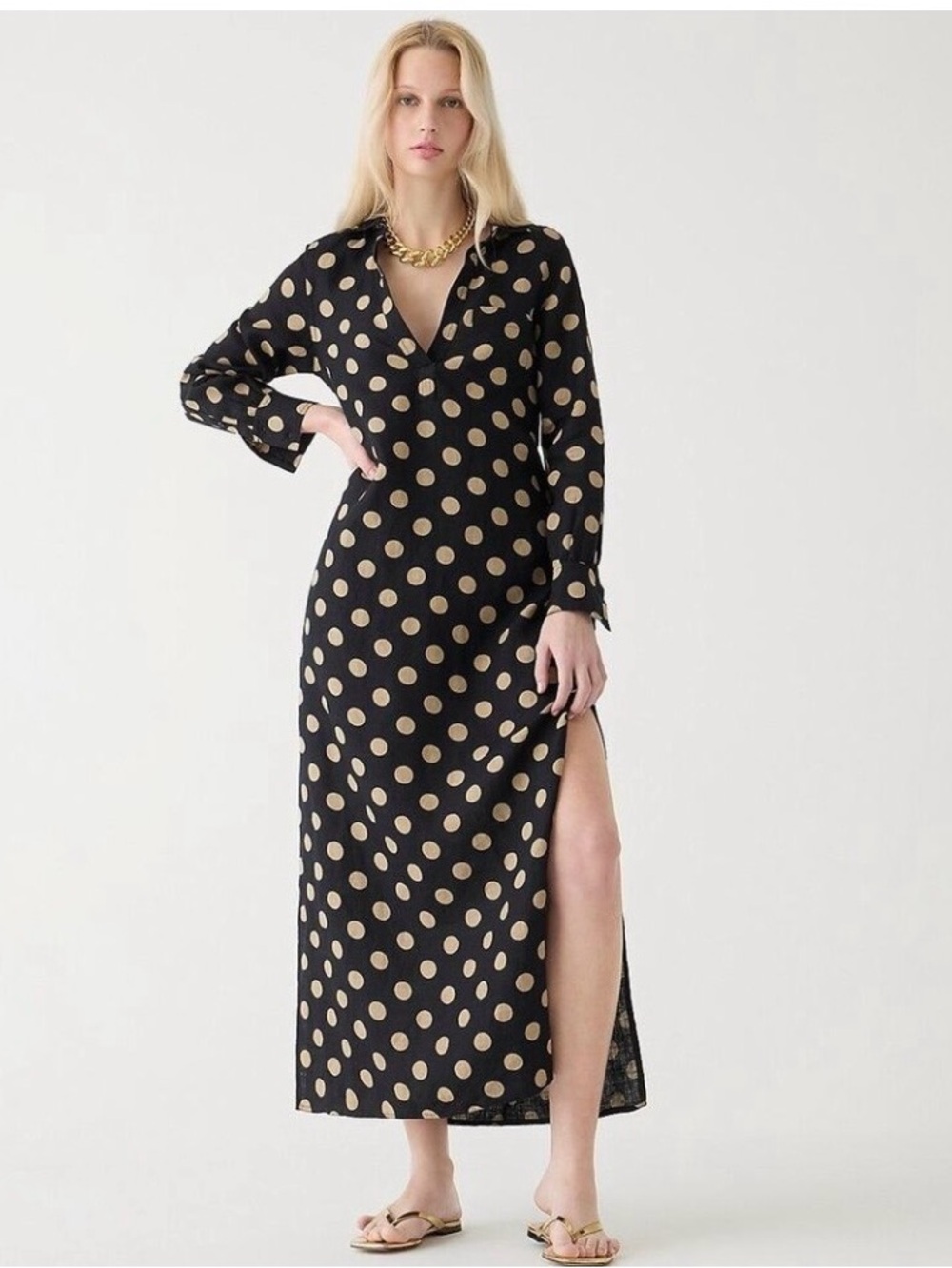 J.Crew Bungalow Maxi Popover Dress in Dot Linen S